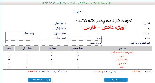  دریافت و مشاهده نمونه کارنامه مدارس نمونه دولتی شیراز