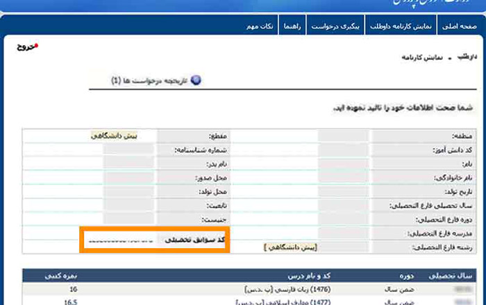 در نهایت کارنامه نمایش داده می شود.